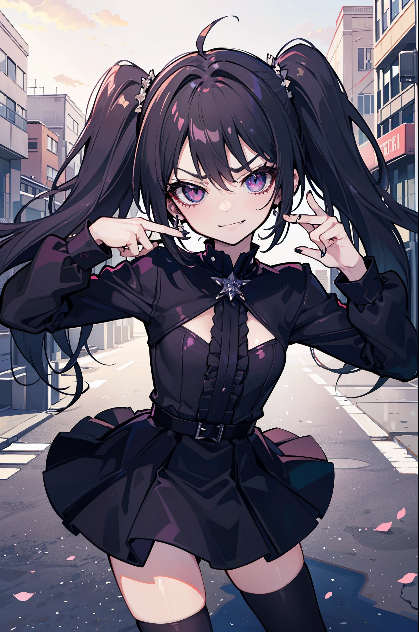 (best quality:1.2), (highest quality:1.2), (perfection:1.1), (flawless:1.1), urban street, 1girl, crazy girl, (serious look, dark look, dominant look:1.2), (evil smirk:1.1), (:1.1), blouse, short skirt, twin tails hair, small breasts, (best quality eyes:1.1), highly detailed, 8k, best quality resolution, (most beautiful upscale:1.1)