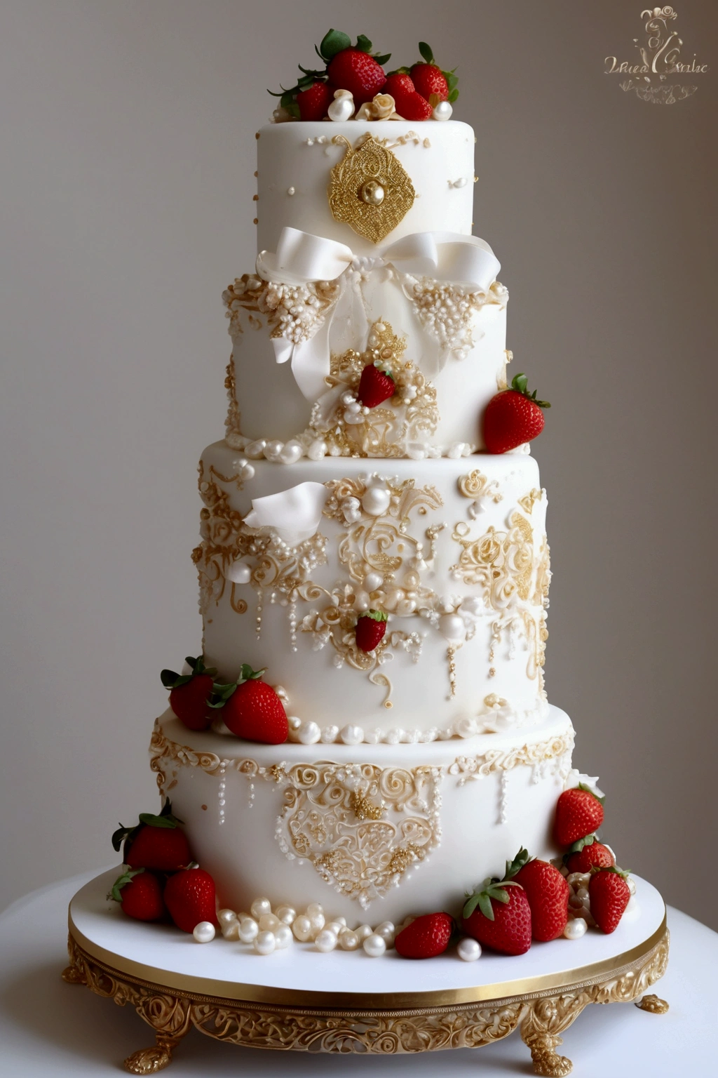 very delicate and well detailed wedding cake with strawberries chocolates pearls very well detailed the groom and the bride very much in love that is so beautiful that it makes your mouth water when you see it, white background with gold balloons and white roses with gold