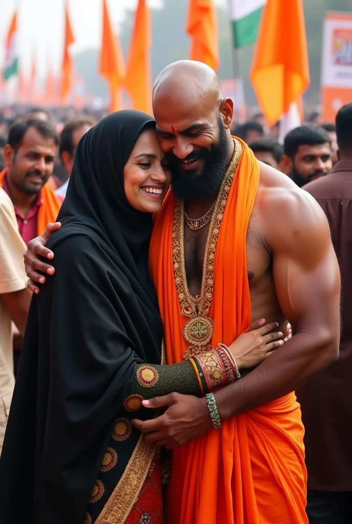 Muslim women wearing black hijab saffron saree , muscular Hindu pandit, kissing in political rally for bjp