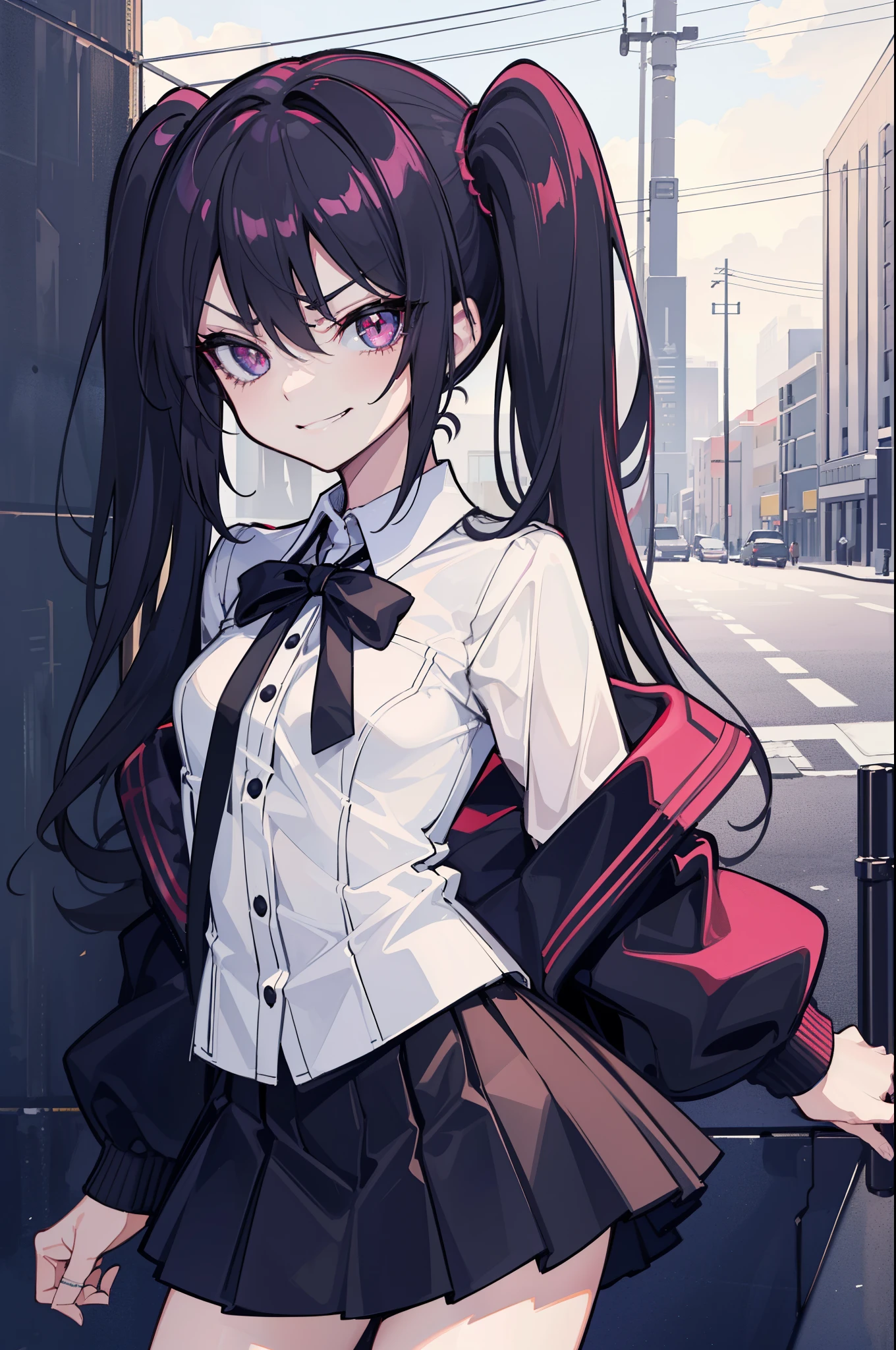 (best quality:1.2), (highest quality:1.2), (perfection:1.1), (flawless:1.1), urban street, 1girl, crazy girl, (serious look, dark look, dominant look:1.2), (evil smirk:1.1), (:1.1), blouse, short skirt, twin tails hair, small breasts, (best quality eyes:1.1), highly detailed, 8k, best quality resolution, (most beautiful upscale:1.1)