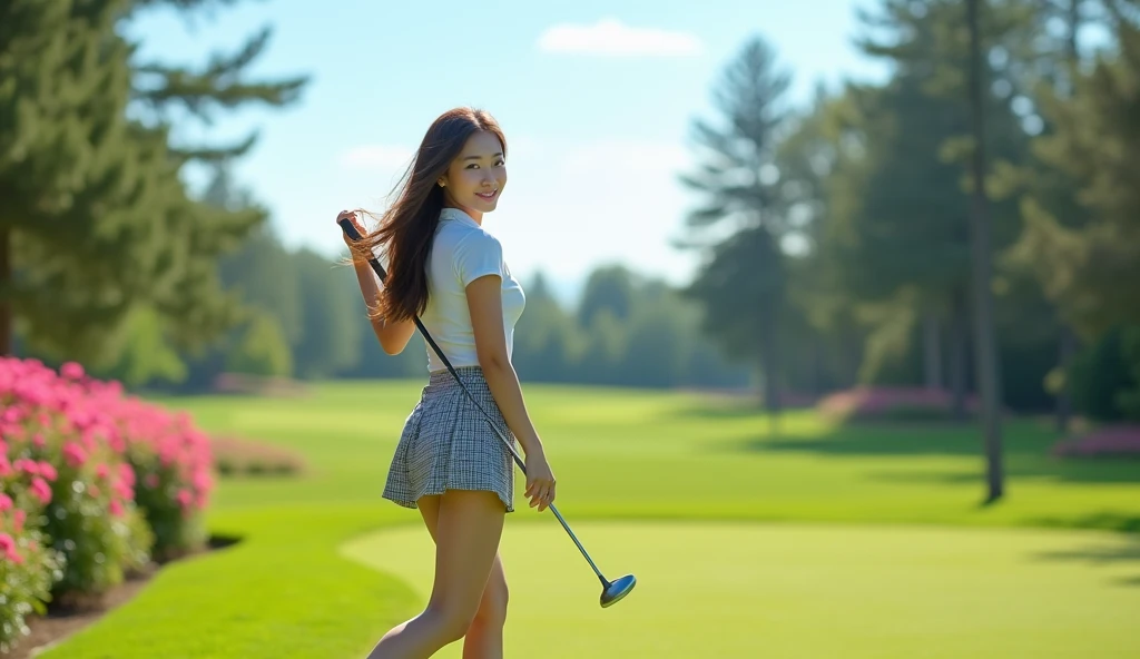 pretty asian female golfer, sexy body, 50mm lens, short skirt golf wear, walk towards me,