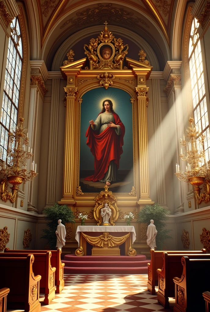 Rococo church，interiors，There is a Christian oil painting on top，Luxury，High- sharpness，and the sun was shining brightly，be full of details