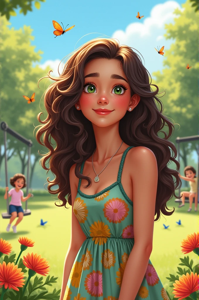  brunette with curly hair, green eyes and a chubby body