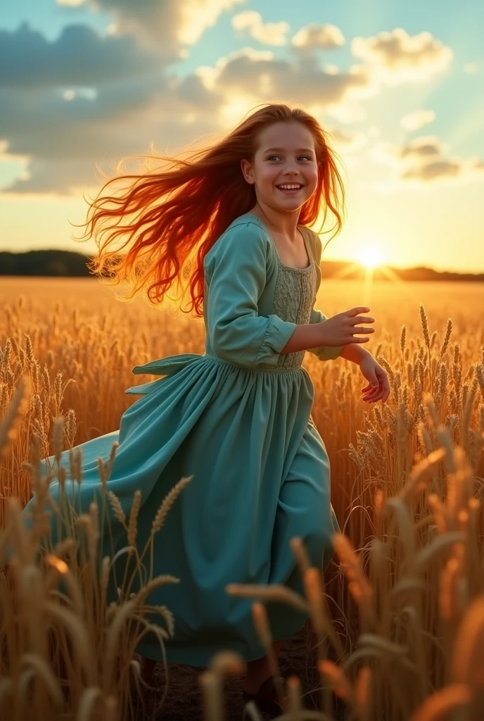 1 girl, Alone, long orange hair, run, (tall wheat field), turn around, emerald eyes, long blue dress, middle Ages, medieval costume, sunset long sleeve, light from behind, shadow in the figure, smile, risa, (blue sky), in the context of wheat, standing in the distance, looking at the viewer, longitud total, urine, dripping, dripping, mancha de urine, urine en la ropa, pee