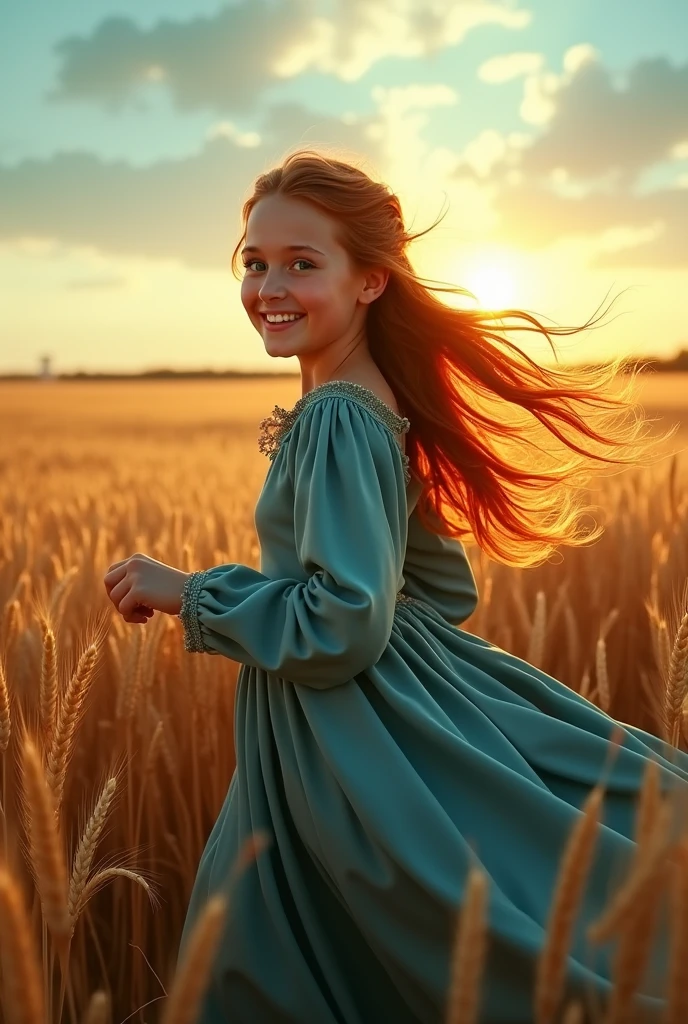 1 girl, Alone, long orange hair, run, (tall wheat field), turn around, emerald eyes, long blue dress, middle Ages, medieval costume, sunset long sleeve, light from behind, shadow in the figure, smile, risa, (blue sky), in the context of wheat, standing in the distance, looking at the viewer, longitud total, urine, dripping, dripping, mancha de urine, urine en la ropa, pee