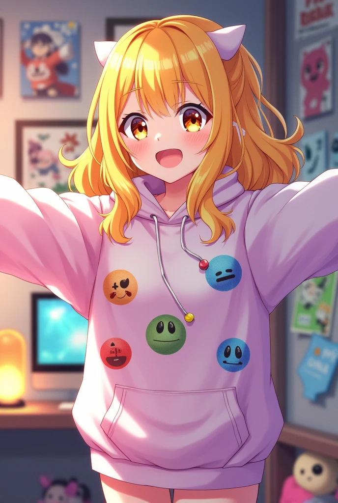 Kasukabe Tsumugi, a gamer with an anime style, smiling at the camera with open arms towards the camera, the one with yellow hair