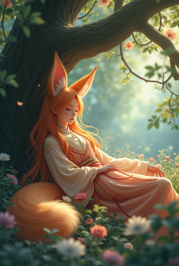 young man with long peach colored hair with fox ears with fox tail in Chinese clothes sleeps under the tree in magical forest someone's hand grabs his tail realistic