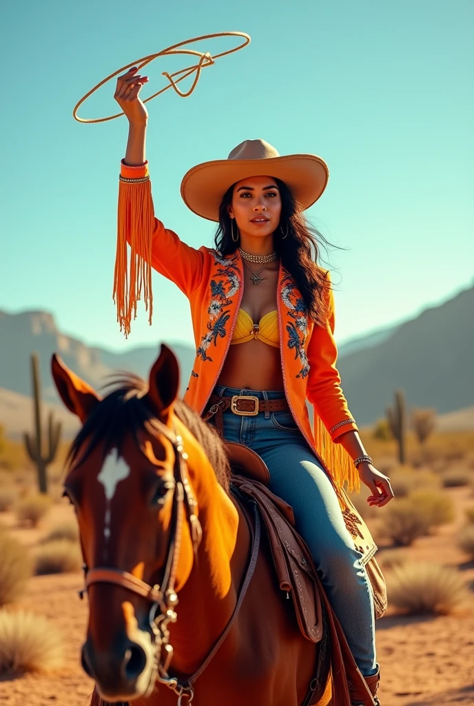 Create a cowboy outfit, Ana Castela style, on top of a horse spinning a lasso