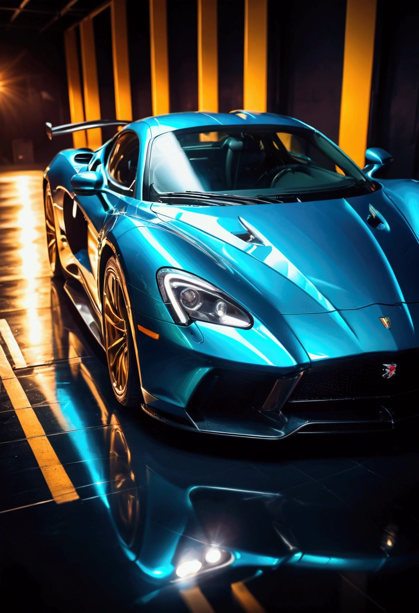 Car Photography, a sports car, detailed engine, supercar, dramatic lighting, cinematic angle, detailed reflections, glossy paint, high contrast, dynamic motion blur, shallow depth of field, cinematic atmosphere, professional photography, photorealistic, vibrant colors, studio lighting, masterpiece, best quality, very aesthetic, absurdres