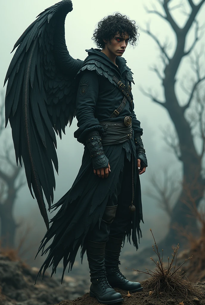A demon boy with curly hair, red eyes, White skin, He must be handsome and attractive with dark clothes from the old era, High up on a 1.86 standing around dry branches and dry trees, with great wings