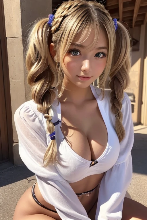 (Detailed face:1.3),One person, 18-year-old、cute、(((Euphoric face:1.2)))、(White tight camisole:1.3)、Baby Face、Big Breasts 、(Brown eyes:1.3), ((Gal Hairstyles)) 、High Twintails;1.Blonde、, (Eye and facial details:1.0), break, (masterpiece, Highest quality, Very detailed,8k:1.3),Sit with your legs apart