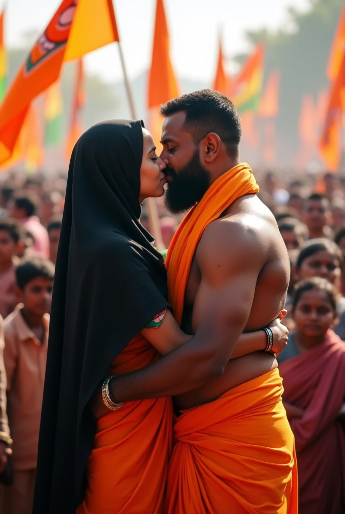 Muslim women wearing black hijab saffron saree , muscular Hindu pandit, kissing in political rally for bjp