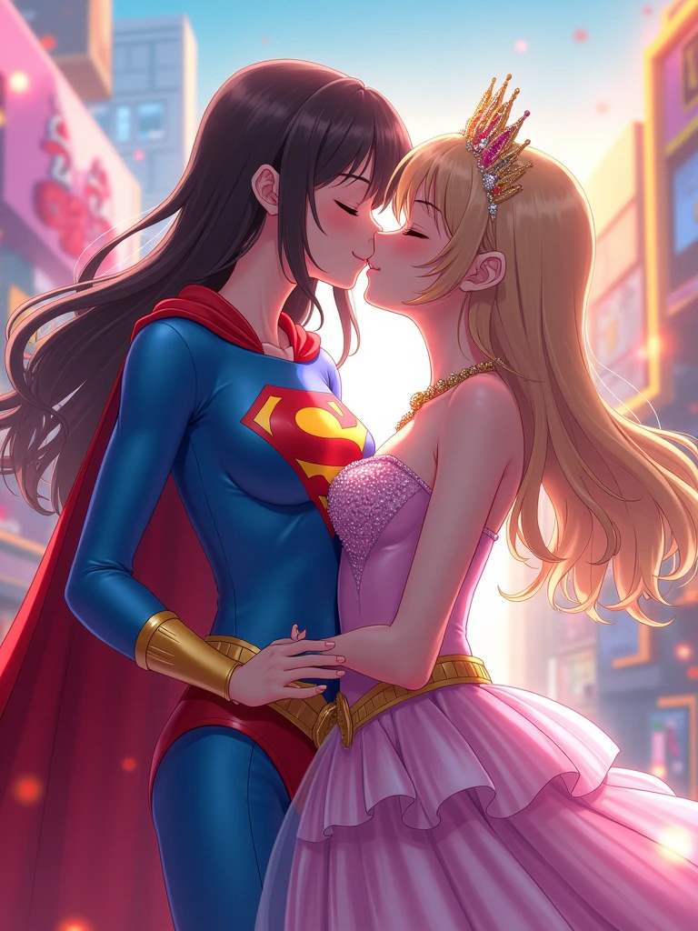 Two anime girls kissing passionately in movie costumes