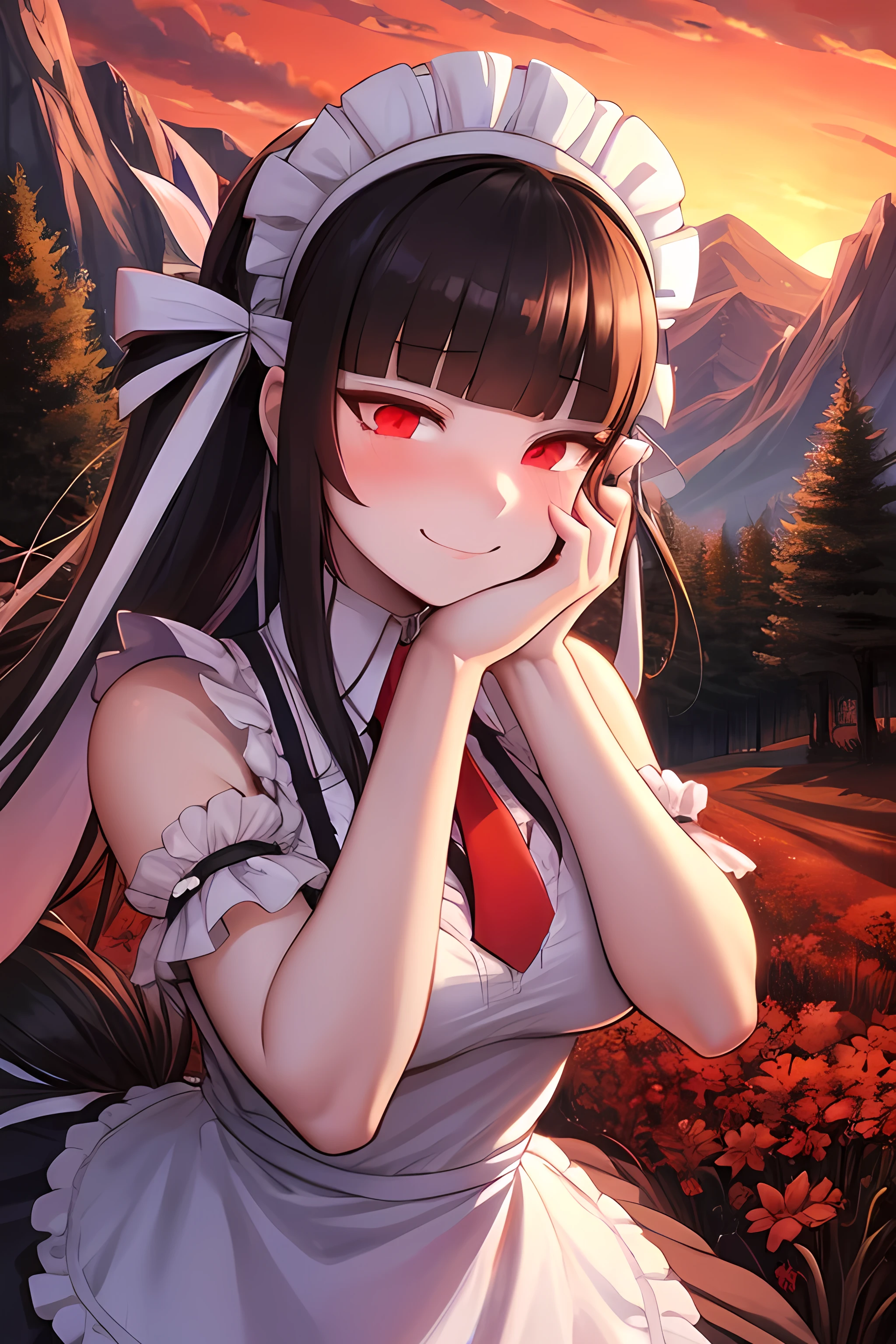 (masterpiece),(best quality), Celestia Ludenberg, 1girl, maid headdress, hair flower, sidelocks ,red eyes, medium breasts, crazy face, upper body, persistent stare, mountains, forest, looking at the viewer, red sky, yandere trance, yandere, hands on own face,hands on own cheeks, blank eyes, blush, large smile, yandere smile