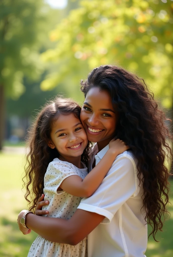 Mother with long black hair and brown skin , daughter with brown hair and white skin, hugging happily
