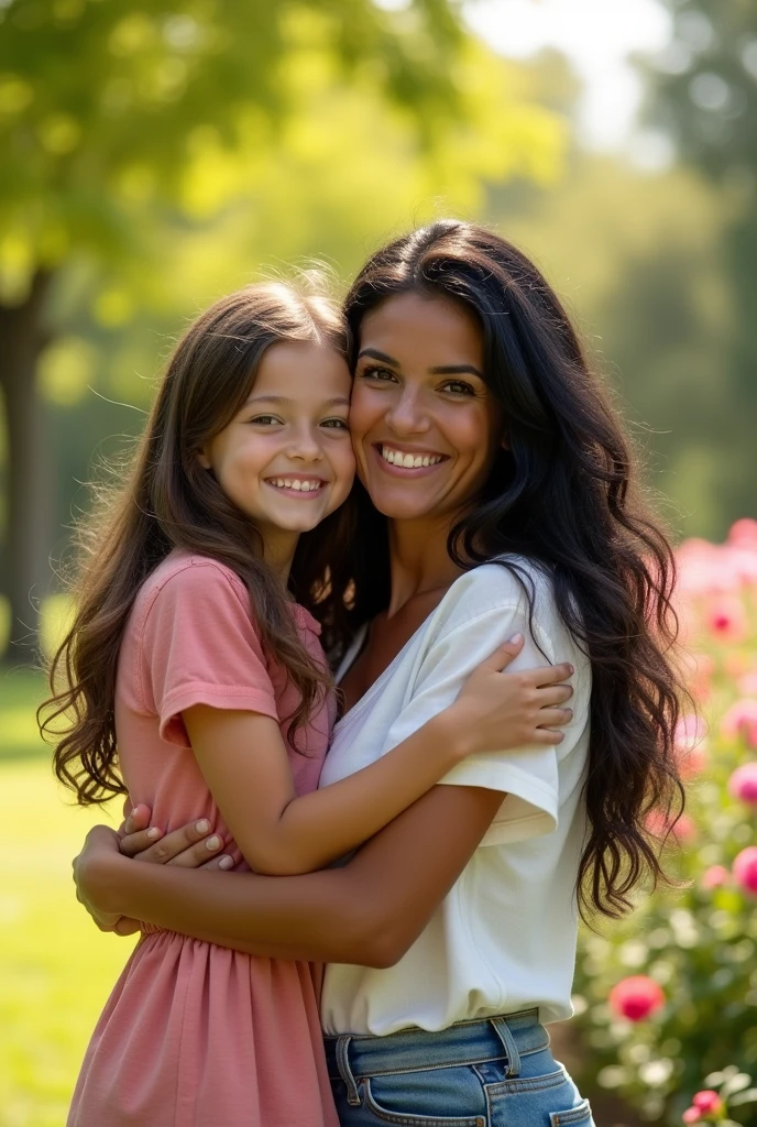 Mother with long black hair and brown skin , daughter with brown hair and white skin, hugging happily