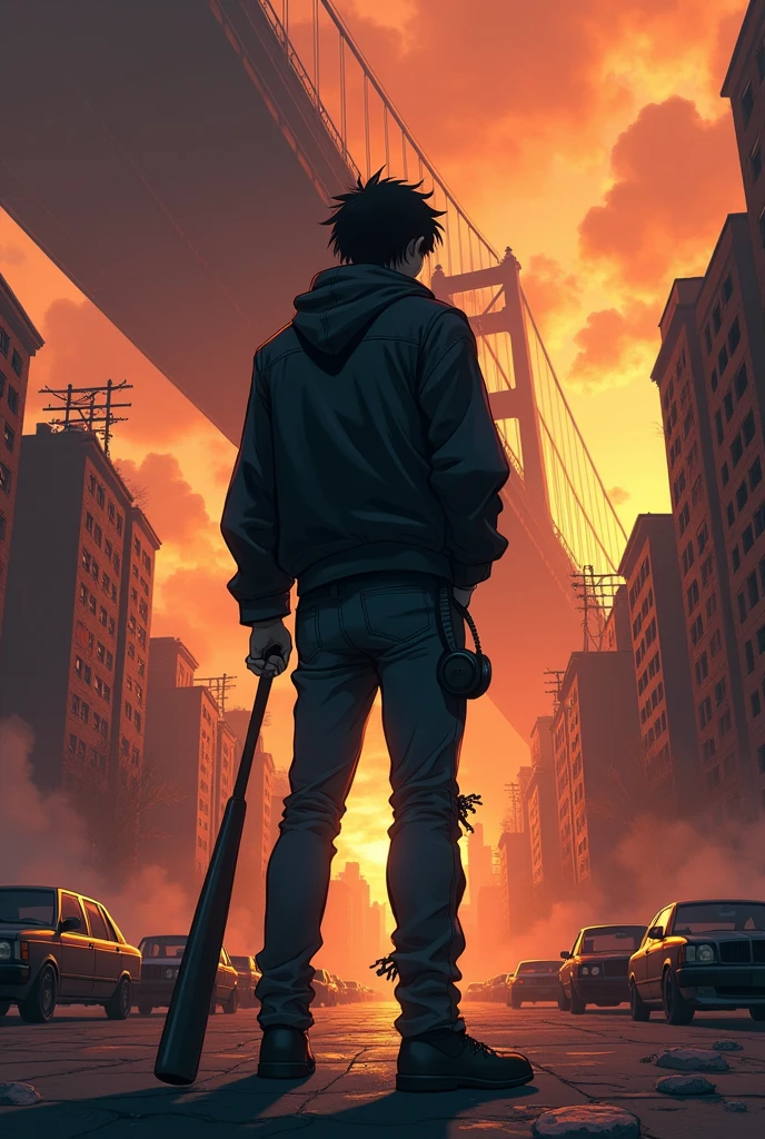 Back silhouette of an adult male anime character wearing a short black jacket, His left hand is in his pants,He has headphones on his neck, dirty clothes, blood-stained people, His right hand holding a baseball bat, looking very cool, is standing below looking up at the desolate city, dilapidated, The high-rise buildings are on fire..
Crumbling down, On the road are abandoned damaged cars lying in the wrong place on the road ahead., above is a big bridge, after the monster pandemic