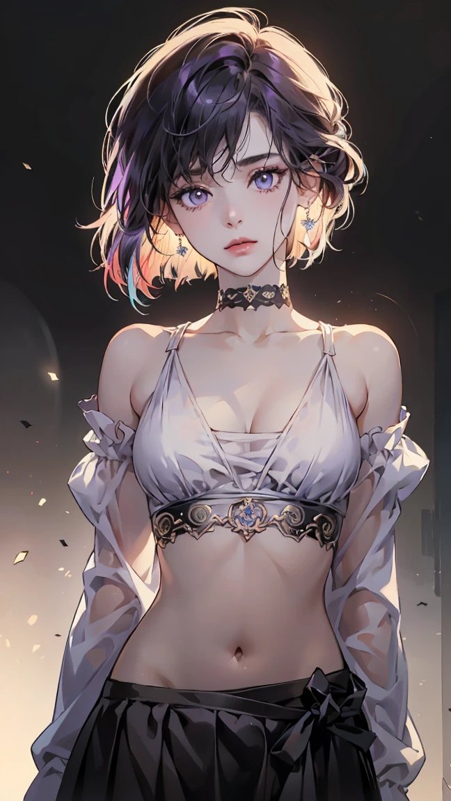 (((Masterpiece))), (((Best Quality))),Ultra High Resolution, Caustics, Detailed, (Beautiful Detailed Eyes),Perfect Anatomy, nsfw, (1 girl), intricate details, chromatic aberration), (realistic), (skin), ((breathe)), (purple multicolor hair, bob cut, dull bangs, hair cover one eye), fine hair, blue highlights, small earrings, clear eyes, purple eyes, choker, ((black crop top, thin material, skirt)), open waist, (symmetrical eyes), (perfect symmetrical body), night, (((Natural light))), Backlight, against the gray wall, dim lighting ,look at the audience, (((center shot, From before, face and waist))), (big breasts: 1.2), cleavage, long thin material sleeves, ponytail with two wisps front, sexy cloth
