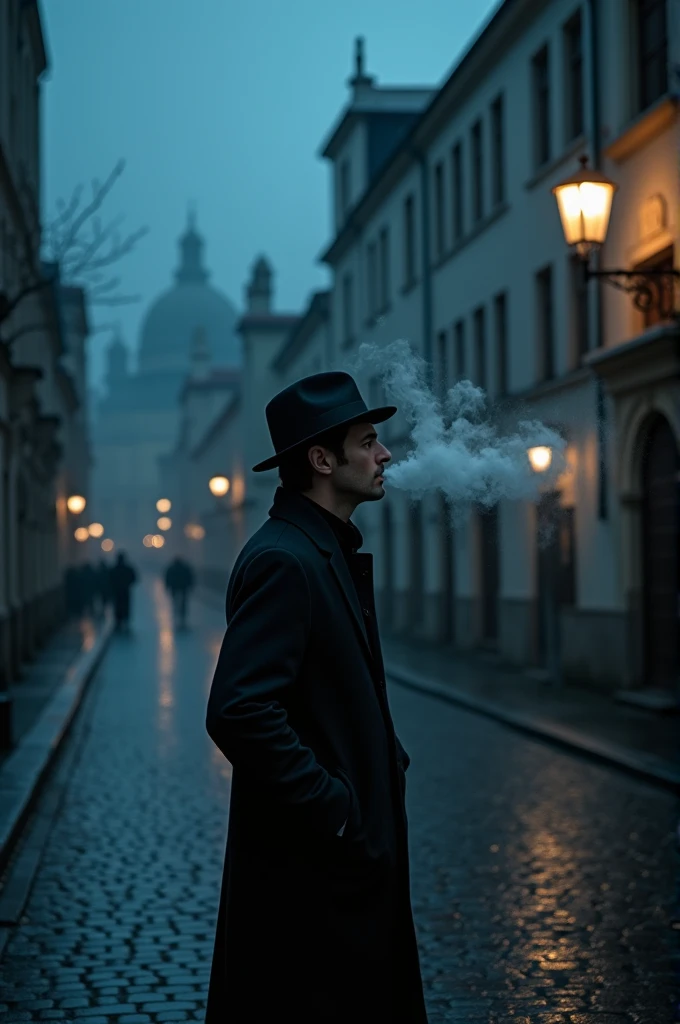 A person smoking in a square at night in the dark