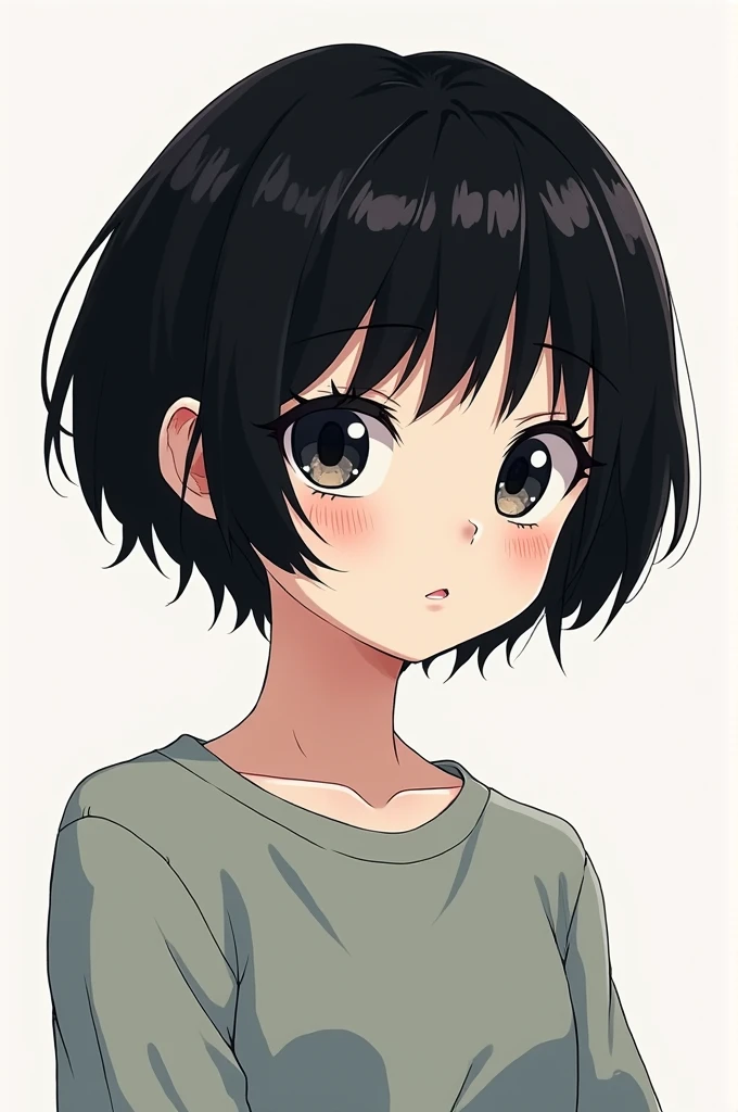 A high school introvert, facing the camera, short black hair, dead fish eyes, simple manga style for drawing, sem muitos detalhes.
