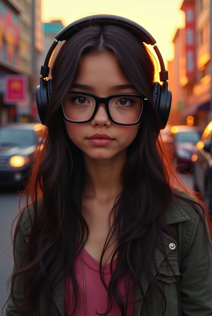 Create a written book cover "doing the impossible" with a long-haired brunette teenage girl, wearing square black glasses, with dark brown eyes shining with black headphones and some pimples on his face on the streets of Los Angeles 
