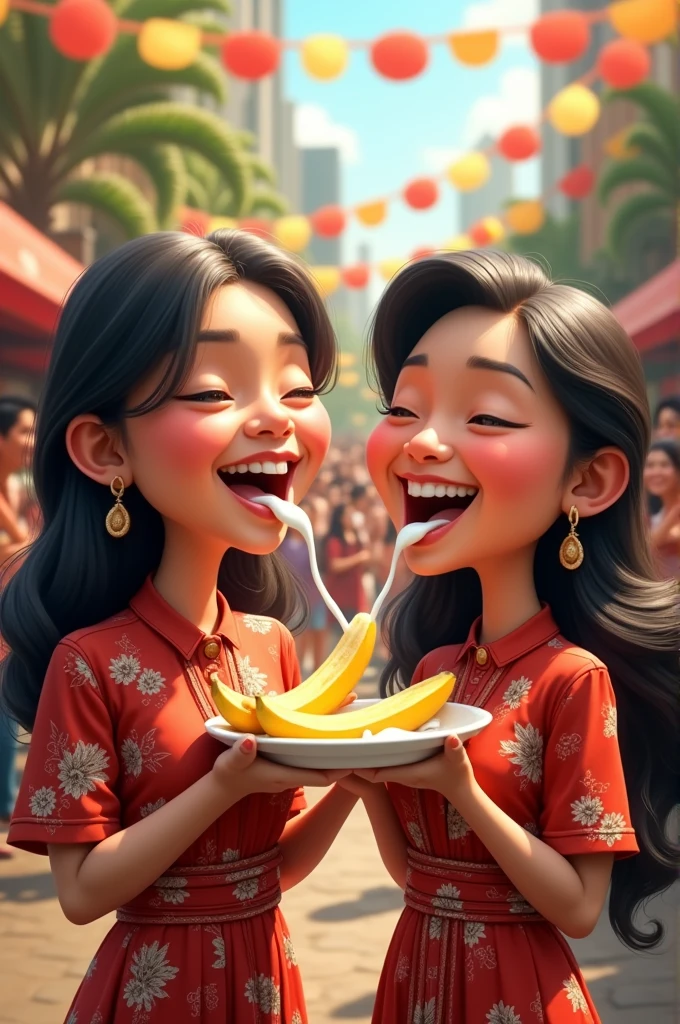 4d caricature. 16k. Details. Two Indonesian women.
standing eating a banana that has been peeled and
cOvered in milk, you can see the milk dripping. The
banana is hung on a rope. The woman's expression
was amused. Several people behind him laughed.
Background to the Republic of Indonesia's birthday
celebration