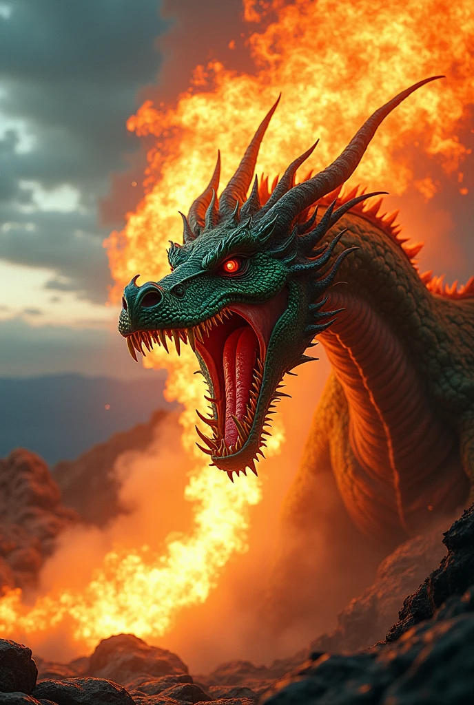 I need a dragon with its mouth open that looks real, I need him to be spitting a huge jet of flames