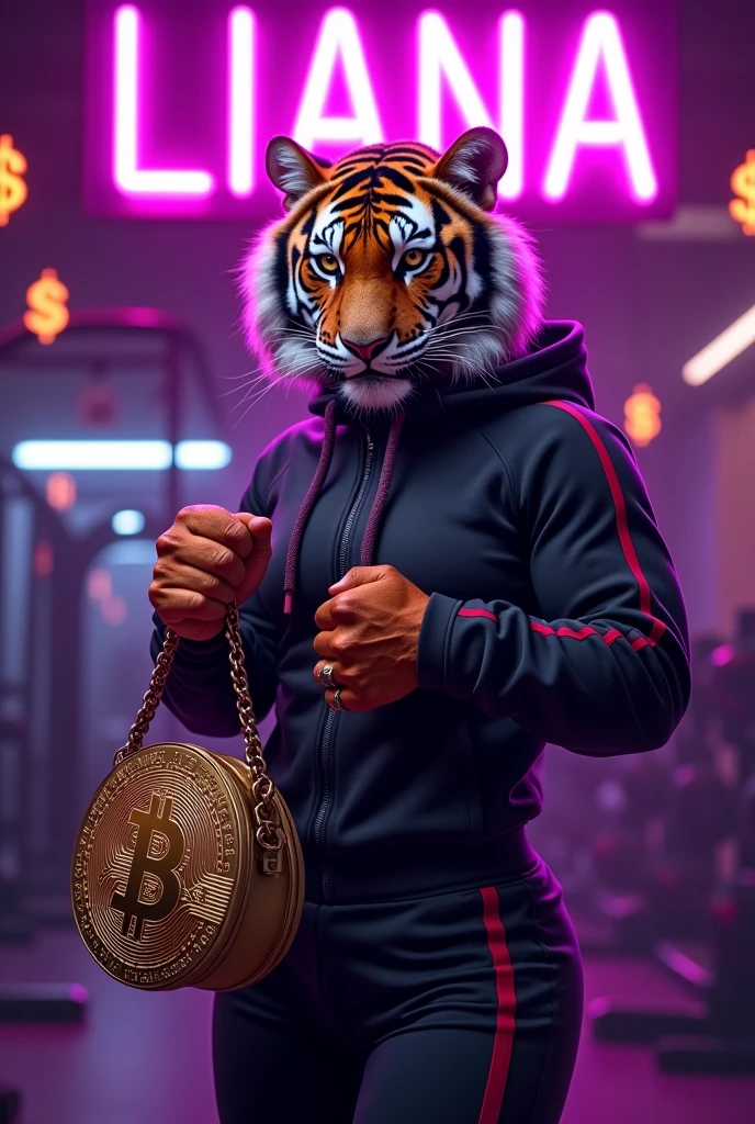 a tigress in a black tracksuit at the gym, She holds a Bitcoin-shaped purse in her paws., Make the background neon purple, add dollar signs, and a large neon-purple sign that says "LIANA"