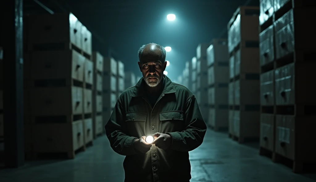 Middle-aged man at his job as a night watchman, dark setting