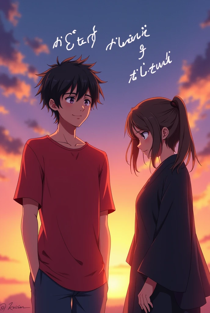 A anime 23year  boy wire a red tshirt and girl wear a black shari. Boy miss him verry mouch.And behind write a text "তোমার প্রতি আমার সব অনুভুতির মৃত্যুর হোক"