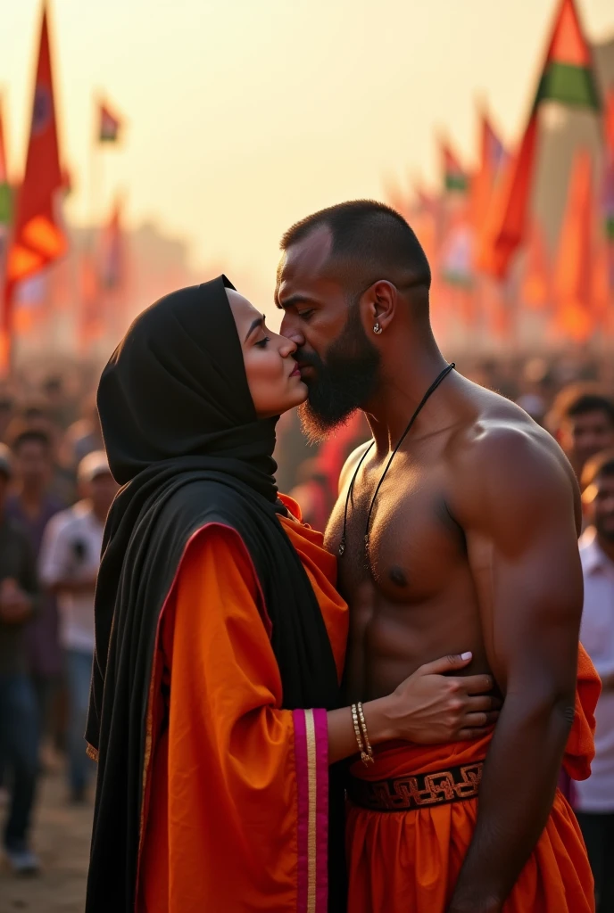 Muslim women wearing black hijab saffron saree , muscular Hindu pandit, kissing in political rally for bjp