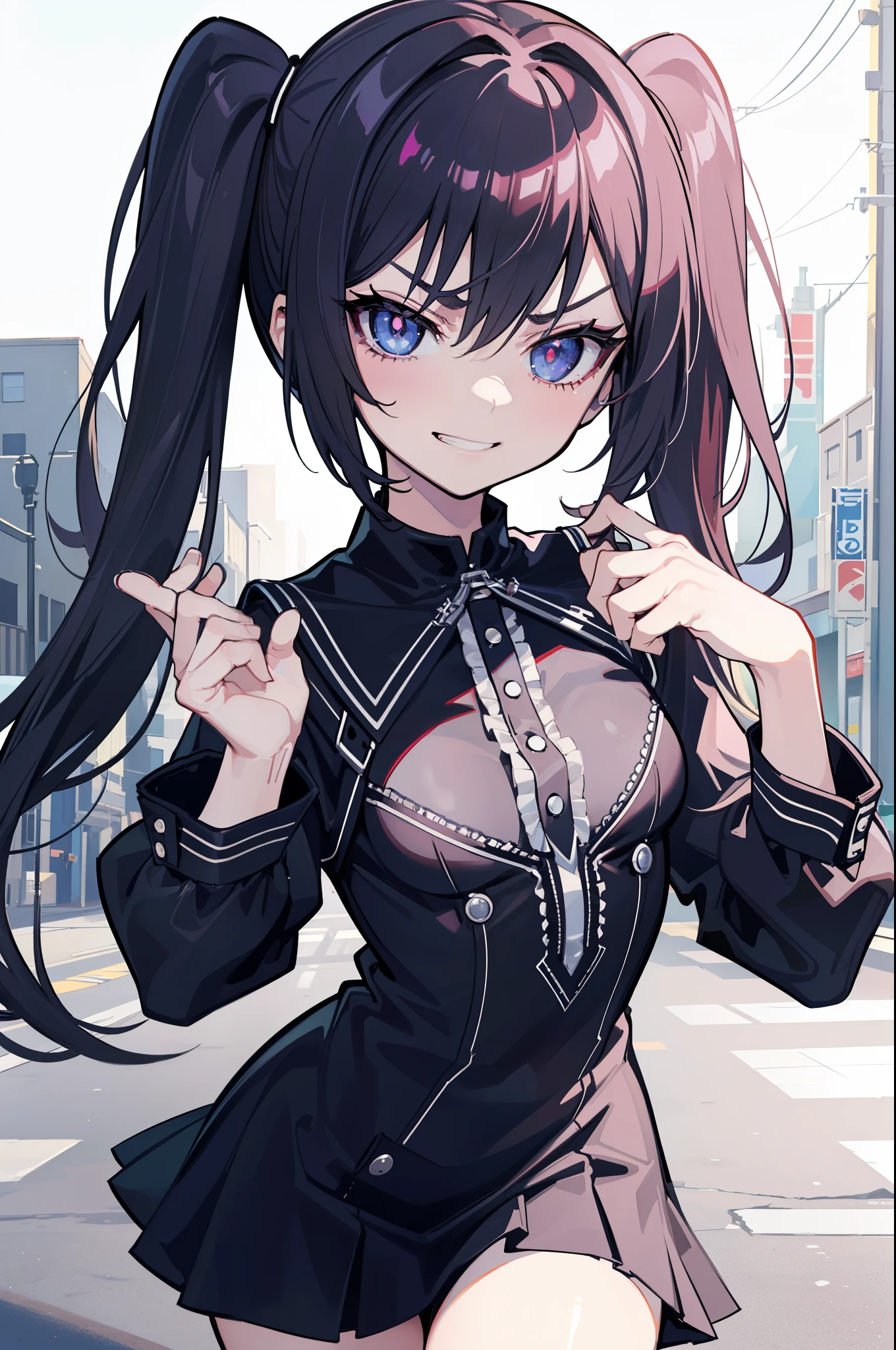 (best quality:1.2), (highest quality:1.2), (perfection:1.1), (flawless:1.1), urban street, 1girl, crazy girl, (serious look, dark look, dominant look:1.2), (evil smirk:1.1), (:1.1), blouse, short skirt, twin tails hair, small breasts, (best quality eyes:1.1), highly detailed, 8k, best quality resolution, (most beautiful upscale:1.1)