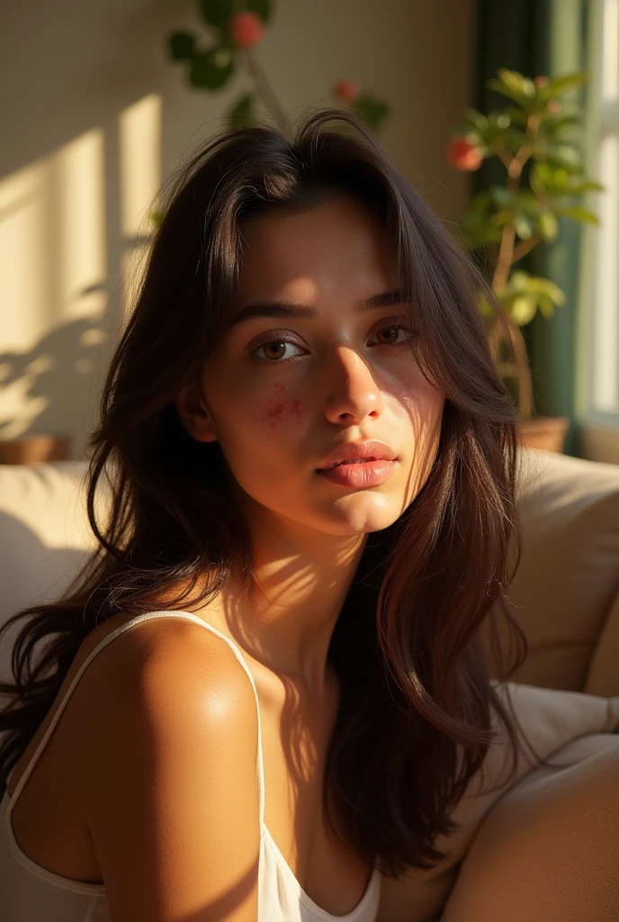 The face of a 20-year-old named Ana with pimples sitting in the living room.