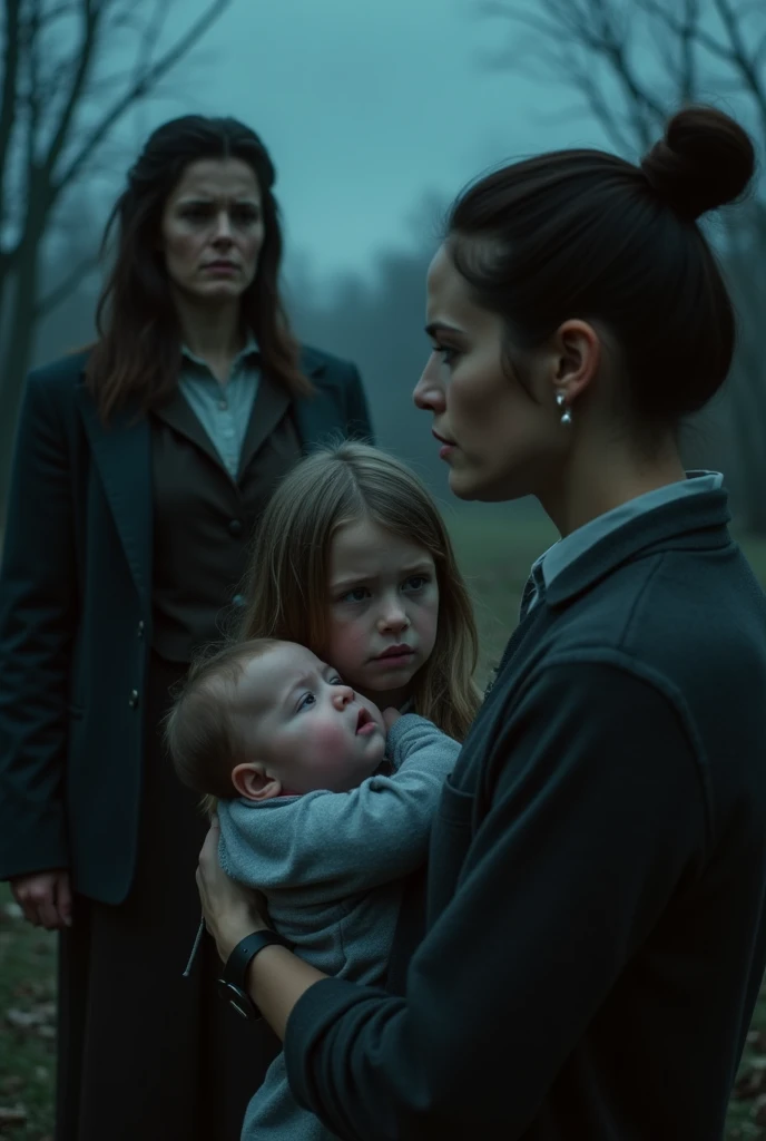 A girl hold her baby scared at the other side of the man and on ther other side is another women standing “Tangle fate”