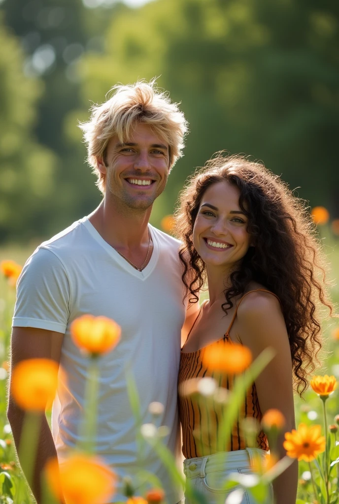 A blonde man and a brunette woman with curly hair