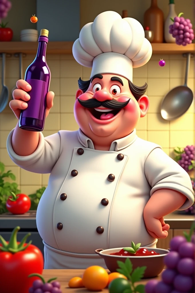 Cartoon of a fat chef with a bottle of grape wine