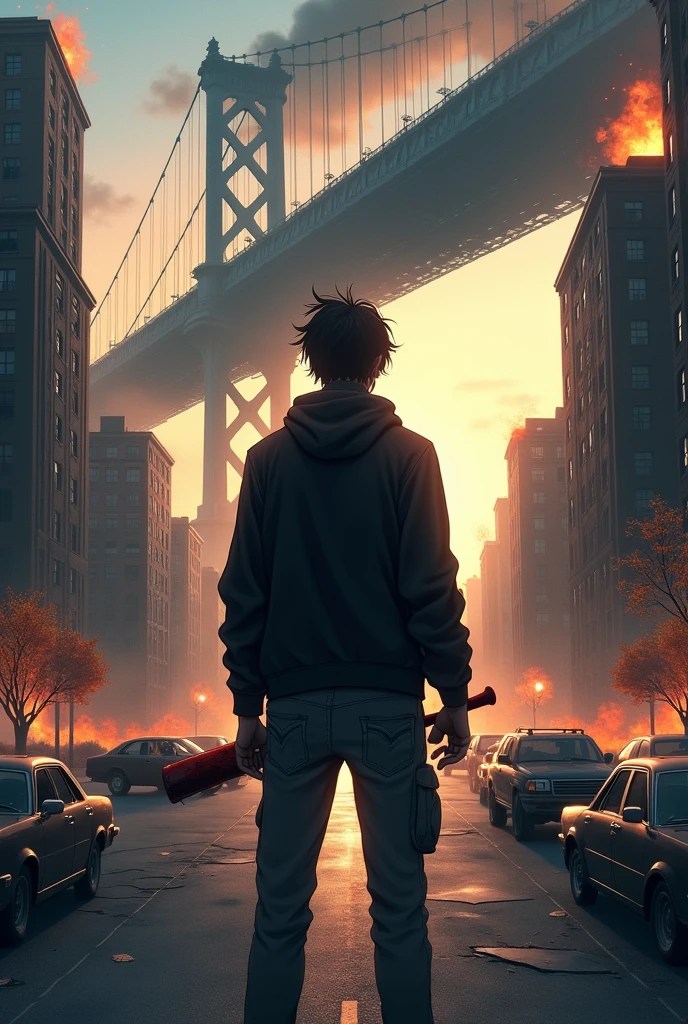 Back silhouette of an adult male anime character wearing a short black jacket, His left hand is in his pants,He has headphones on his neck, dirty clothes, blood-stained people, His right hand holding a baseball bat, looking very cool, is standing below looking up at the desolate city, dilapidated, The high-rise buildings are on fire..
Thành phố sụp đổ, On the road are abandoned damaged cars lying in the wrong place on the road ahead., above is a big bridge, after the monster pandemic