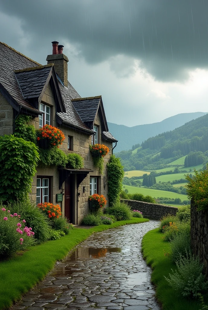 house in the countryside on a lively rainy day