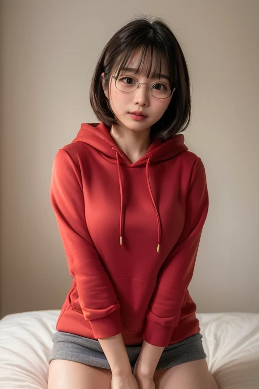 (Highest quality, High resolution, masterpiece :1.3), Beautiful adult woman, ((Bedroom Background)), (Wearing a large red hoodie,  Wear a miniskirt,   Round Glasses), (Loosely wavy bob hair), ((Accurately express the fine details of the face and skin texture)), Crouching pose, avert your eyes,