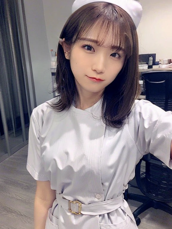 woman, alone, (Wearing white nurse clothes:1.2), (Bobcut), Shortcuts,bangs, Black Hair, nurse, Perfect Anatomy, nurse uniform, (Nurse cap), (White costume), Long skirt, hospital, Face close-up