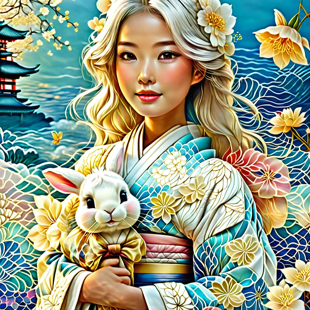Rabbit walking along the river, Mix 4, sweater, pillow, lips, Open_mouth, Realistic, photograph_\(Moderate\), alone, Packed_animal, Packed_toy, Teddy_bear,(masterpiece),(photographRealistic:1.3), Very detailed, (Skin with attention to detail:1.2),(Highest quality:1.0), (Ultra-high resolution:1.0), (Urzan-6500:0.3), Wavy thin hair, Long Hair, sunlight, (Beautiful and detailed makeup), (Sexually excited、blush、breathing becomes rough:1.0), Flower Theme Petals Scattered, (Flowers with a soft glow:0.5)、white hairstyle,A pale yukata with a white rabbit pattern on a sky blue background。A yukata with a yellow obi, Tokyo