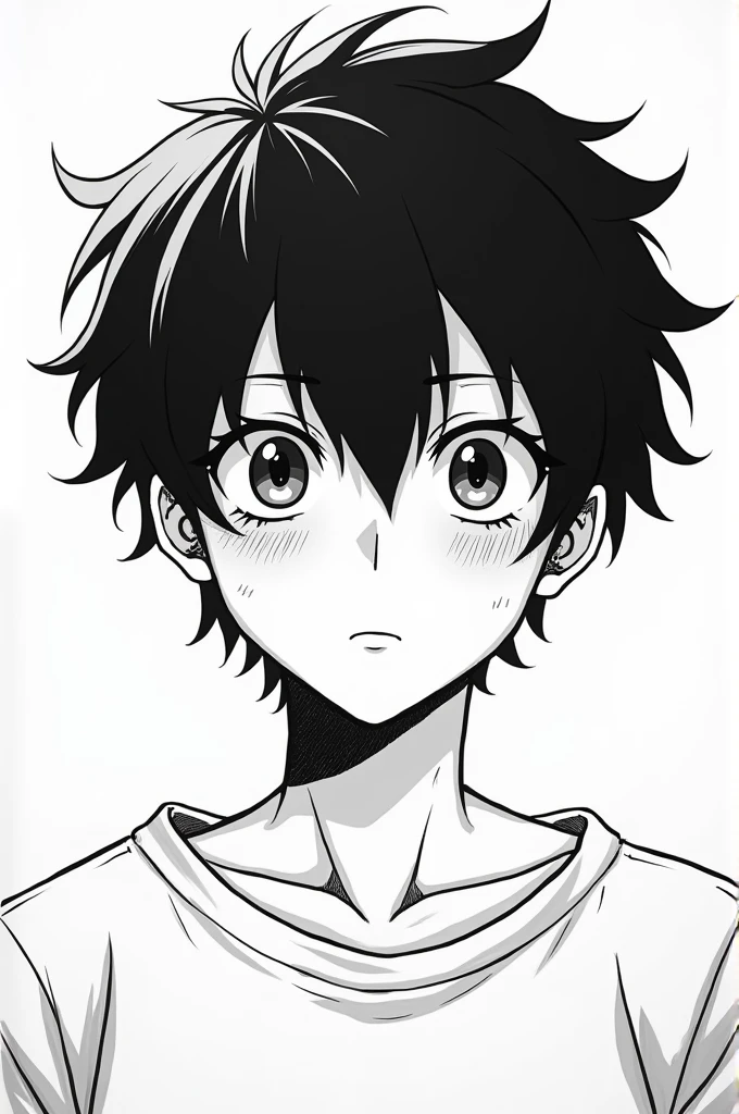 An introverted high school boy, facing the camera, short black hair, dead fish eyes, simple manga style for drawing, sem muitos detalhes, black and white image