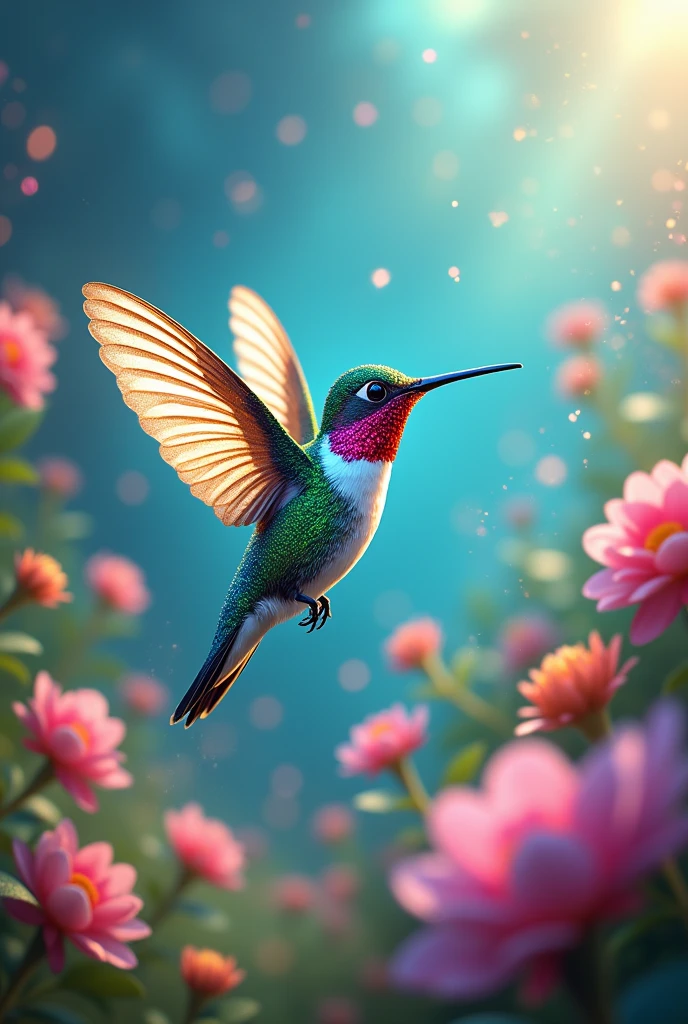 A fairy hummingbird in a fairy world with lots of light and glitter 