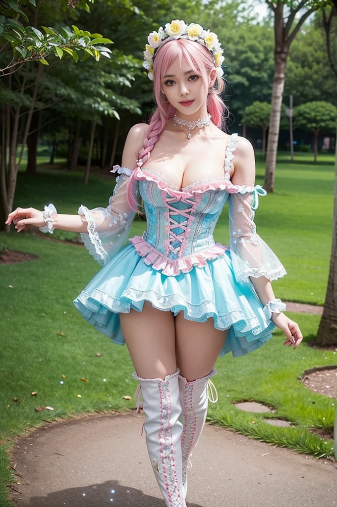 (nsfw), sexy stylish Swedish model, only 1 female, ((doll-like appearance)), short neon pink stylish hair, ((shiny Victorian-Style boots)), (big smile), ultra detailed eyes, vivid eye makeup, lip-gloss, long lashes, defined eyebrows, ((sexy Paradise Kiss cosplay)), bell-shaped skirt, petticoats, high neckline, puffed sleeves, ((ultra detailed lace)), ((ultra detailed embroidery)), intricate details, Paradise Kiss accessoires and matching headpiece, choker, ((large sparkling Paradise Kiss jewelry)), cinematic light, detailed large park background with trees
