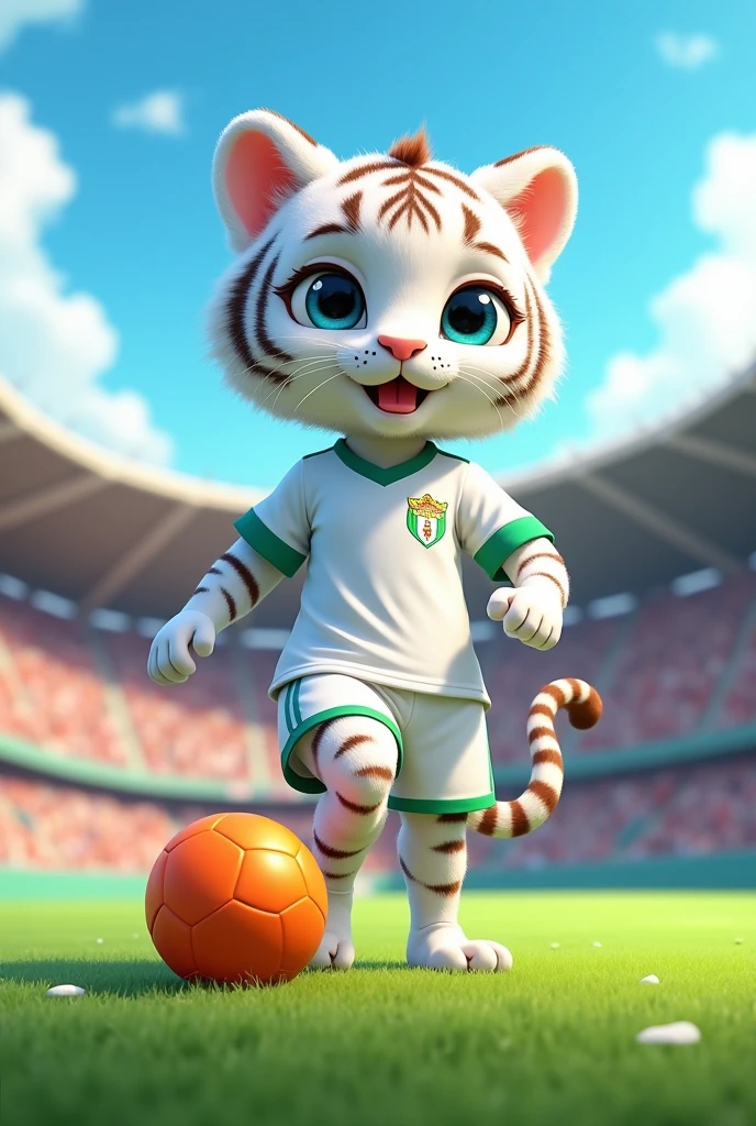 White female tiger dressed as a soccer player in a white uniform, in cartoon form