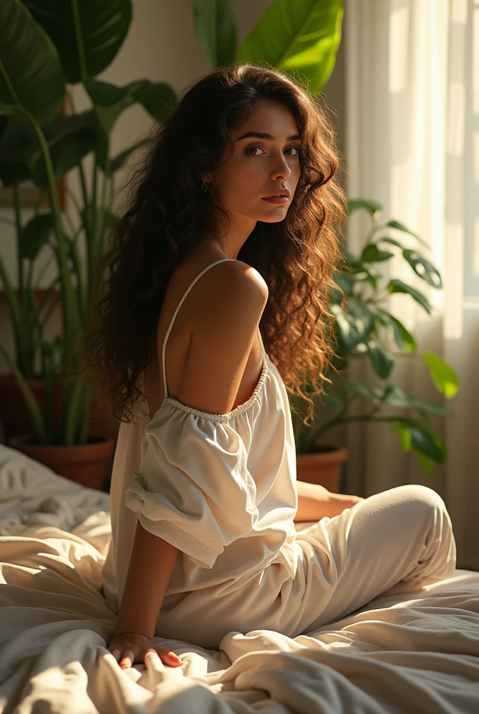 (photorealism:1.2), beautiful woman, sitting on bed, wearing loose off-shoulder top, pajama pants, long curly hair, indoors, soft lighting, plants in background, window with sunlight, cozy room, relaxed pose, realistic, intricate details, warm colors, by Greg Rutkowski, by Alphonse Mucha