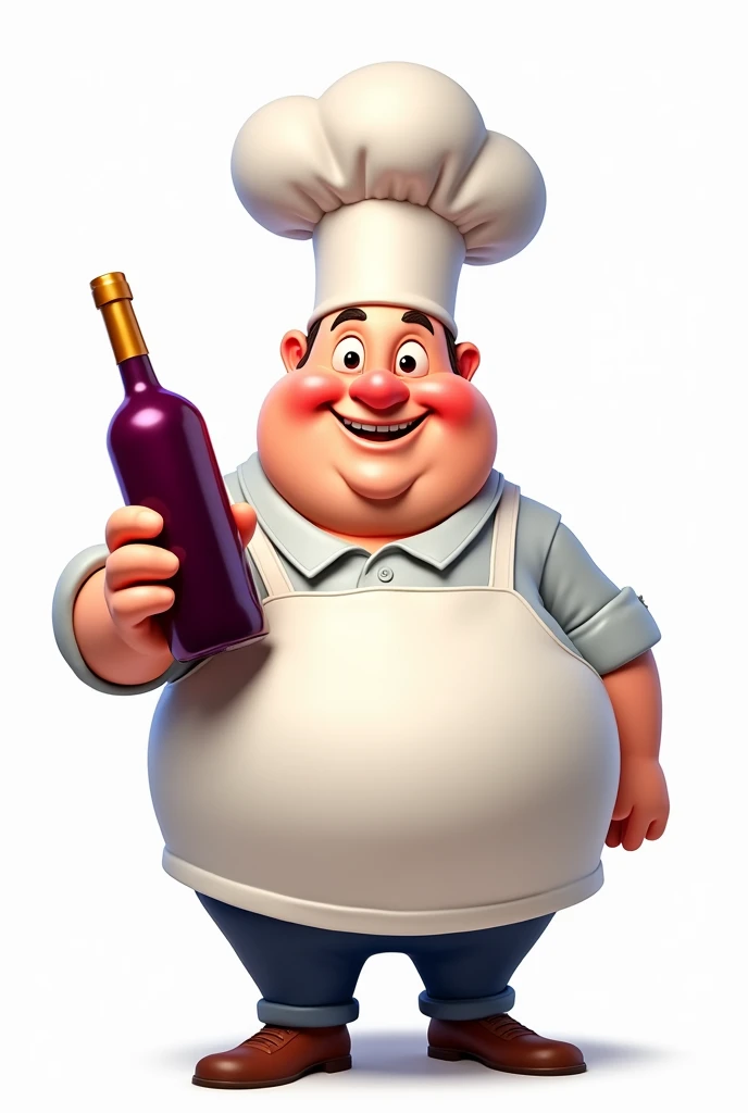 Cartoon of a fat chef with a bottle of grape wine on a white background