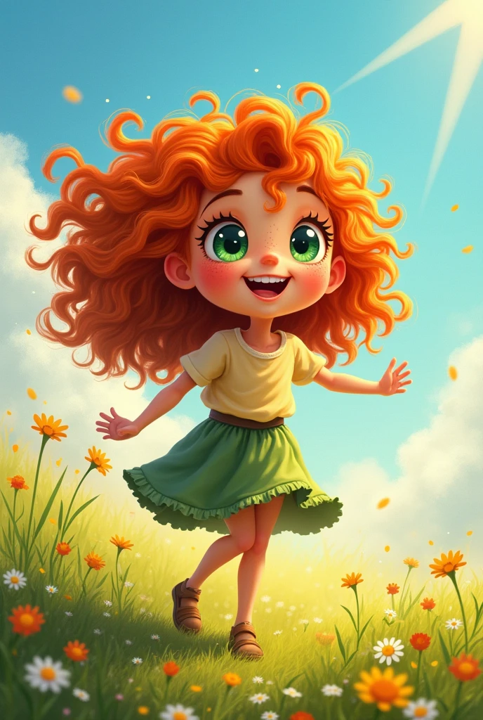Girl with fiery curly hair to the shoulders, green eyes, freckles on the face. Flighty character.
