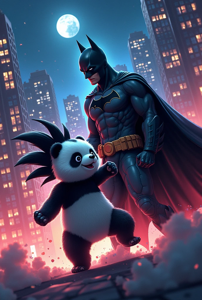 A panda shaped like Goku fighting Batman
