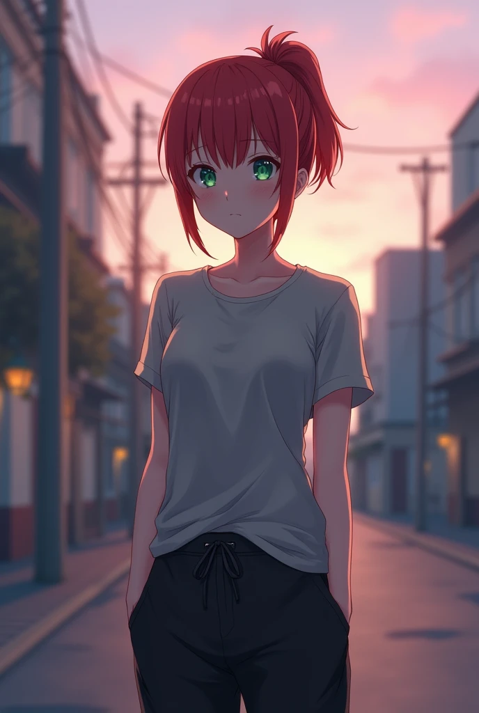 The girl is grown up, not smiling, beautiful, short red hair gathered in a short ponytail, green eyes, gray t-shirt, black sweatpants, anime art, masterpiece, realistically, anime art, masterpiece, realistically